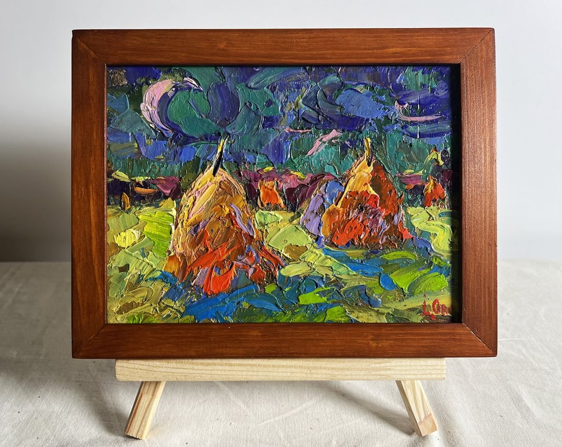 Oil painting Walking through the evening field Oksana Kalenyuk: NoAAA3814This oil painting cardboard, titled "Walking through the evening field", the composition is structured around a vast field with several haystacks scattered across the landscape. These large,