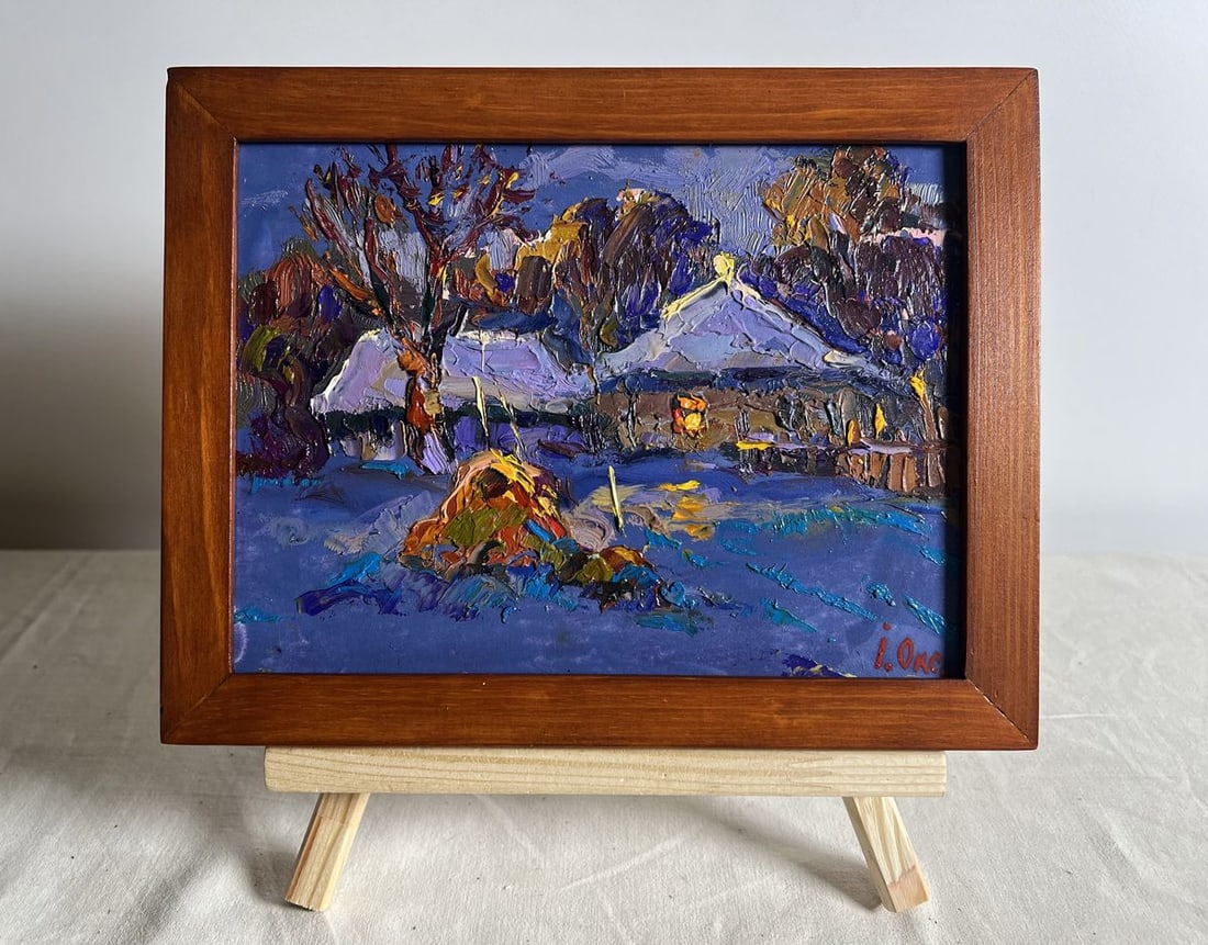 Oil painting Frosty winter evening Oksana Kalenyuk: NoAAA3816This oil painting cardboard, titled "Frosty winter evening", the composition centers around a traditional country home, partially obscured by the warmth of golden light coming from within.