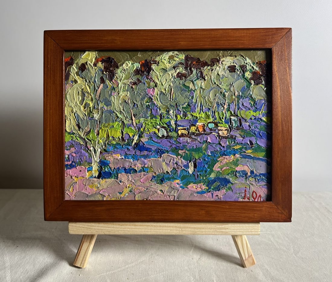 Oil painting In the shade of the garden Oksana Kalenyuk: NoAAA3820This oil painting cardboard, titled "In the shade of the garden", the composition is structured around a grove of tall, slender trees with pale, silvery-green foliage that seems to shimmer