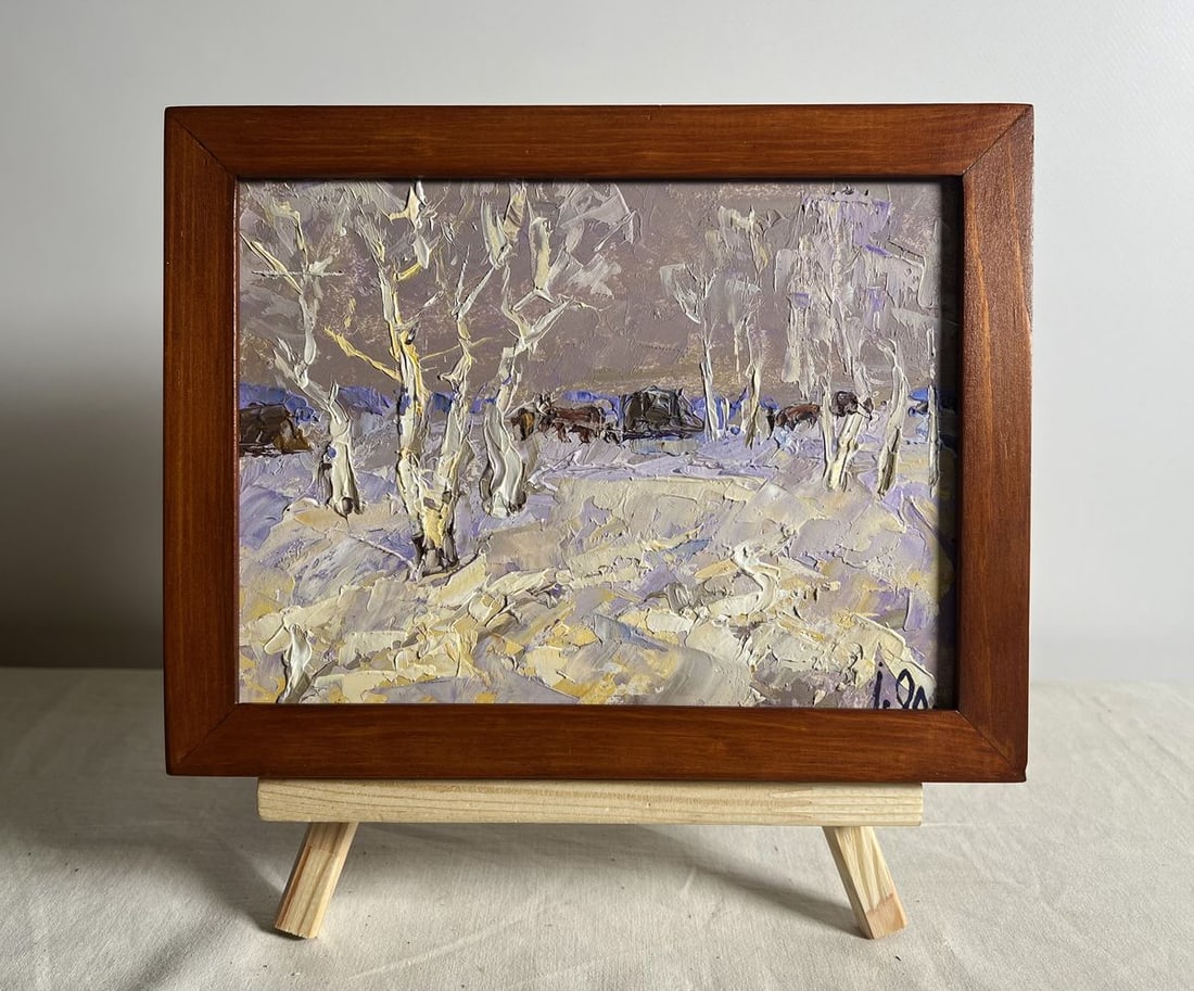 Oil painting The end of winter is coming soon Alex Kalenyuk: NoAAA3821This oil painting cardboard, titled "The end of winter is coming soon", the composition is structured around a wintery field, where bare trees with twisted trunks stand as silent witnesses