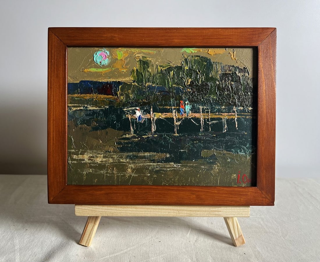 Oil painting Romantic get-togethers by the river Oksana Kalenyuk: NoAAA3822This oil painting cardboard, titled "Romantic get-togethers by the river", the focal point of the painting is a rustic wooden pier that extends into the river, drawing the eye toward a small