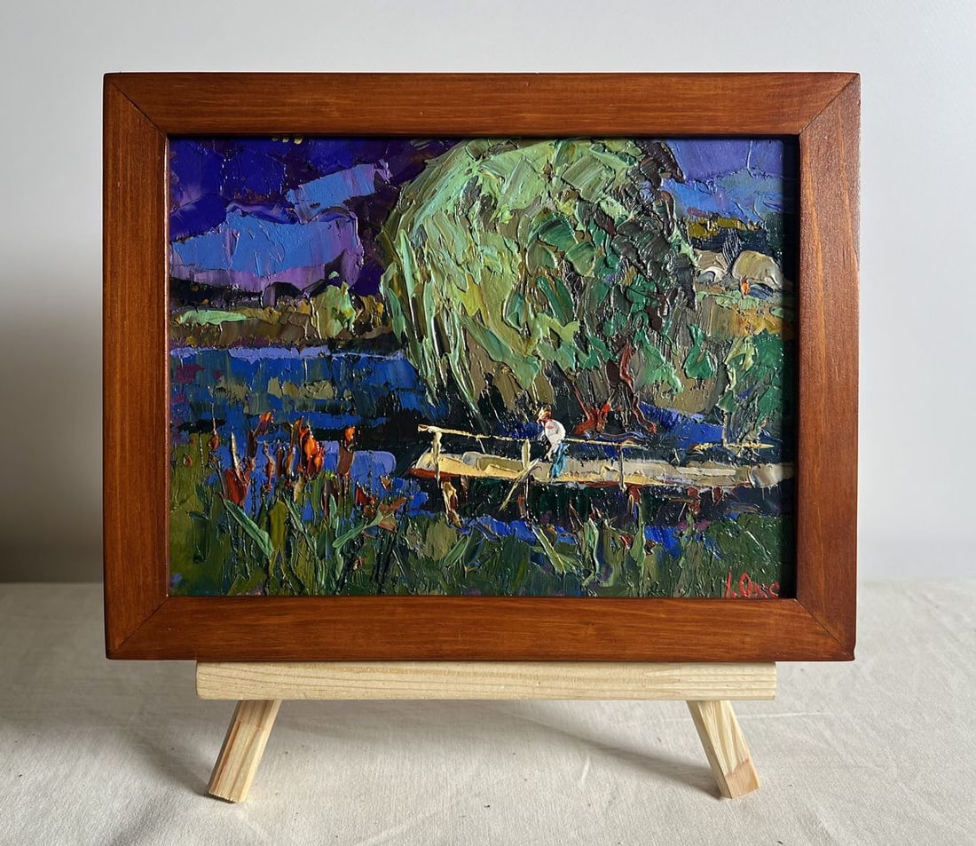 Oil painting At the night lake Oksana Kalenyuk: NoAAA3824This oil painting cardboard, titled "At the night lake", the composition is centered around a wooden pier extending into the lake, where a lone figure sits in quiet contemplation. The pier,