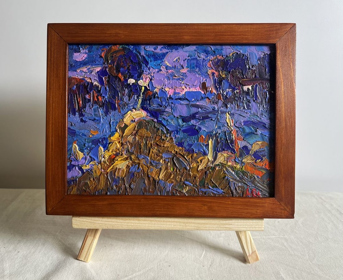 Oil painting Dusk fell on the field Alex Kalenyuk: NoAAA3827This oil painting cardboard, titled "Dusk fell on the field", the composition is divided into three distinct planes, creating a sense of depth and movement within the scene. The foreground is