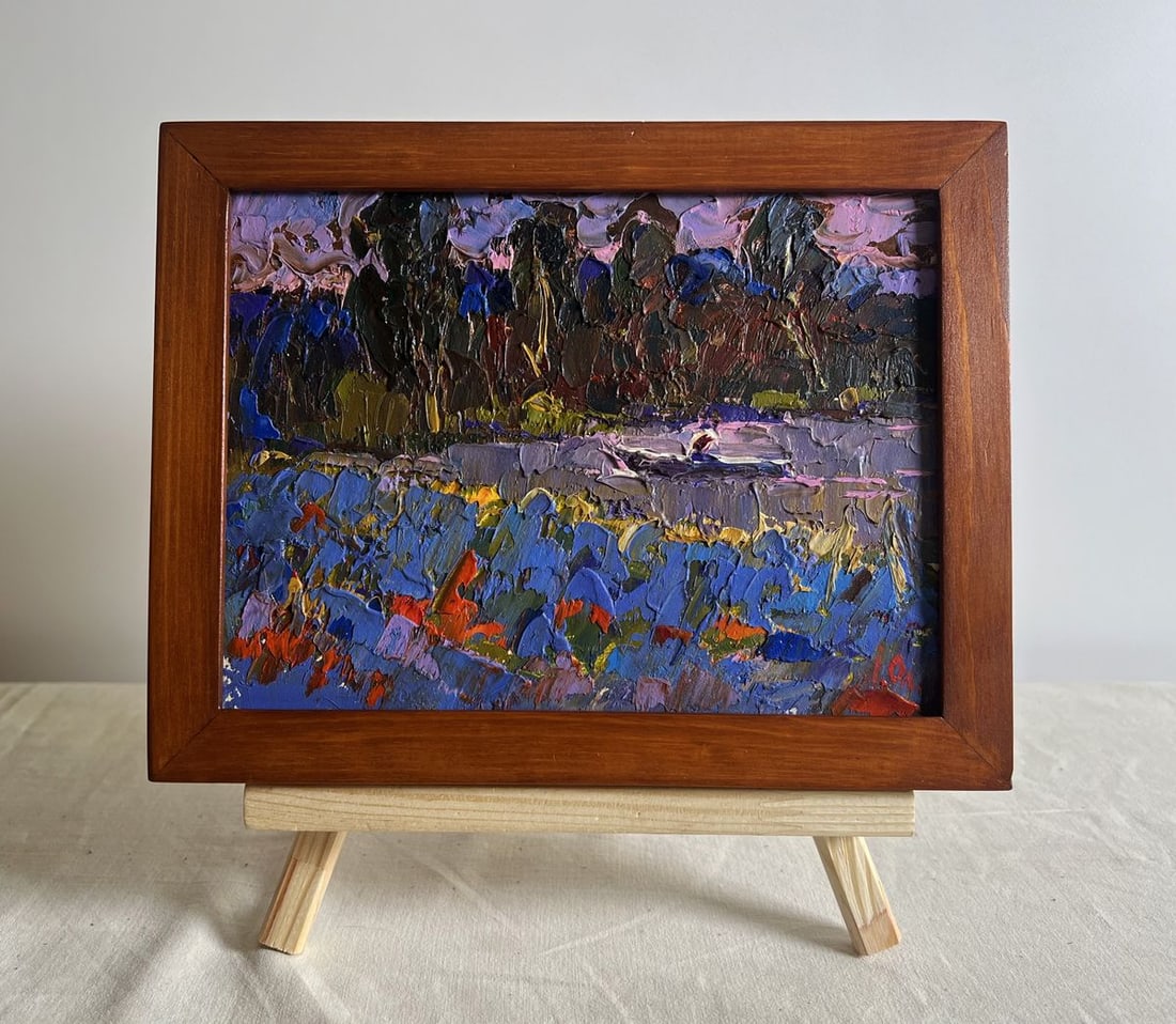 Oil painting In the evening by the lake and the field Alex Kalenyuk: NoAAA3833This oil painting cardboard, titled "In the evening by the lake and the field", the composition is divided into three distinct layers, each contributing to the sense of depth and movement. Th