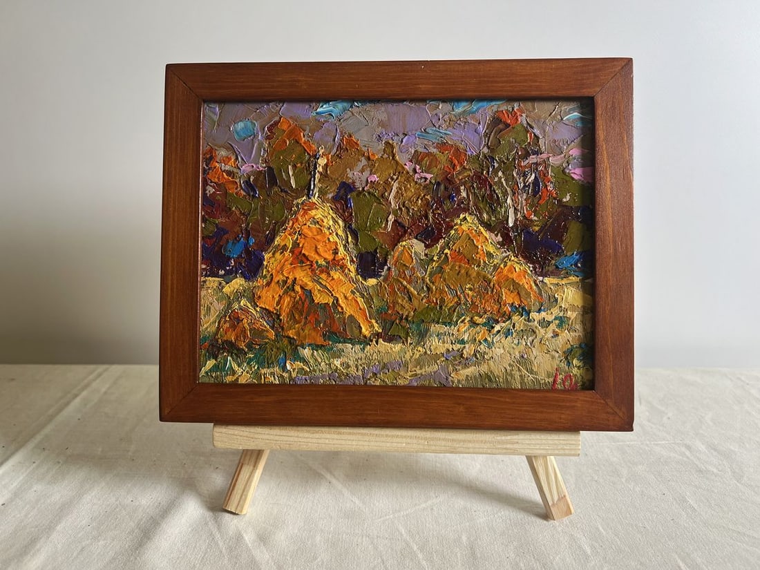 Oil painting Haystacks in the field Alex Kalenyuk: NoAAA3834This oil painting cardboard, titled "Haystacks in the field", the composition is balanced and dynamic, guiding the viewer's eye through the landscape with a rhythmic arrangement of haystacks,