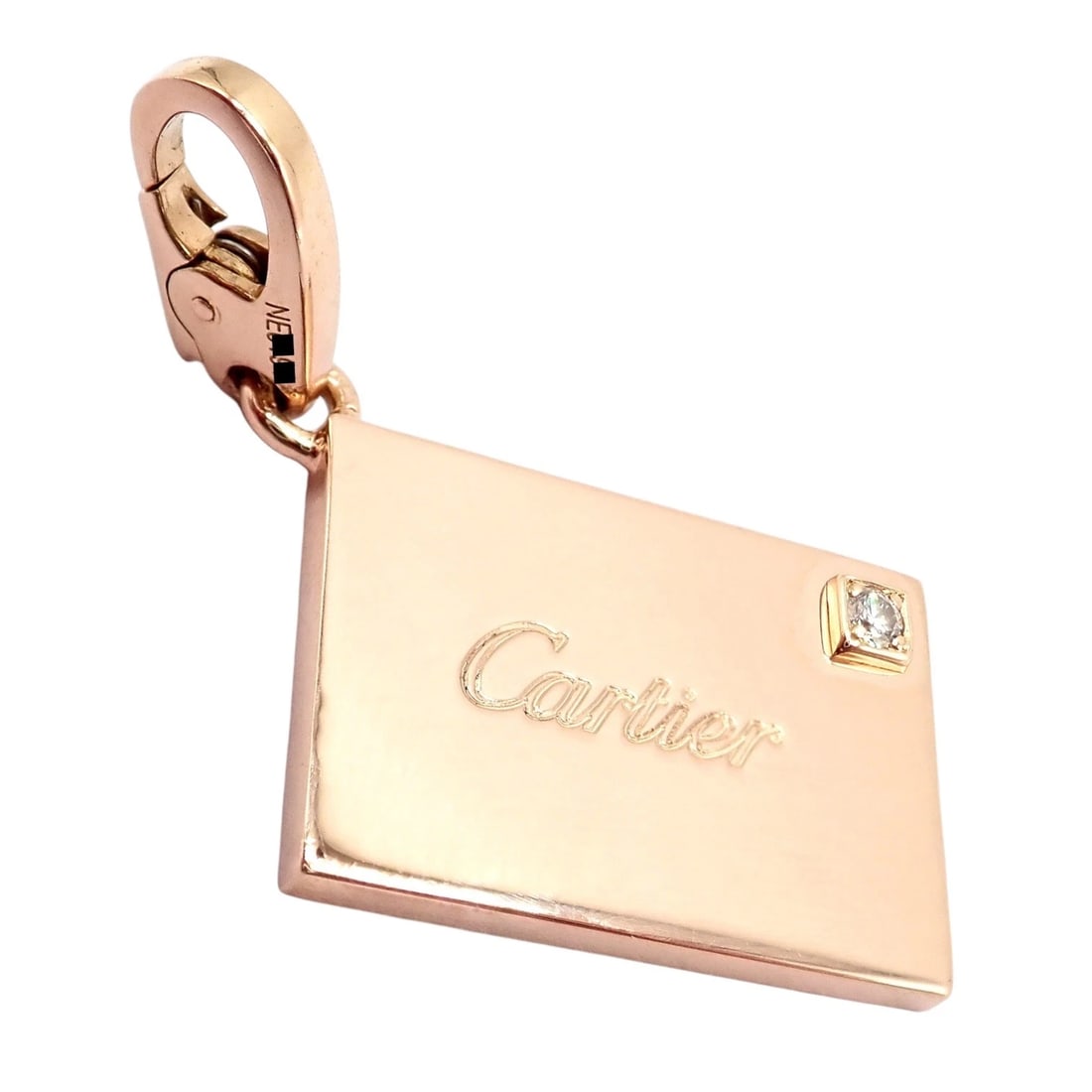 Authentic! Cartier 18k Rose Gold Love Letter Envelope Diamond Pendant Charm: Authentic Cartier 18k rose gold Love Letter envelope pendant charm featuring the iconic Cartier script and a sparkling bezel-set diamond accent. Designed as a miniature envelope with elegant detailing