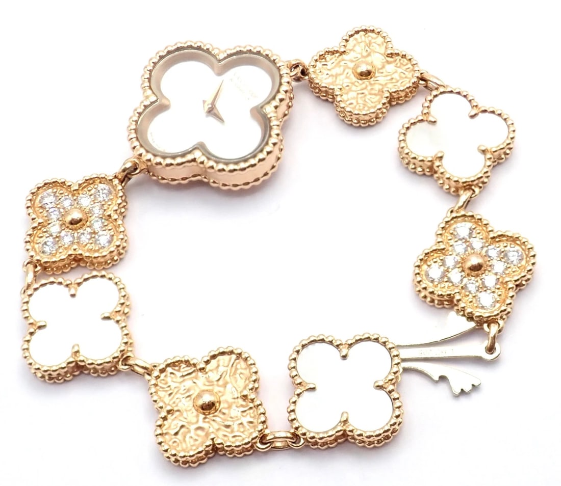 Authentic! Van Cleef & Arpels Vintage Diamond MOP Sweet Alhambra 18k Gold Watch: Authentic Van Cleef & Arpels Sweet Alhambra watch crafted in luxurious 18k yellow gold, featuring the maison’s iconic clover motifs adorned with shimmering diamonds and luminous mother-of-pearl.
