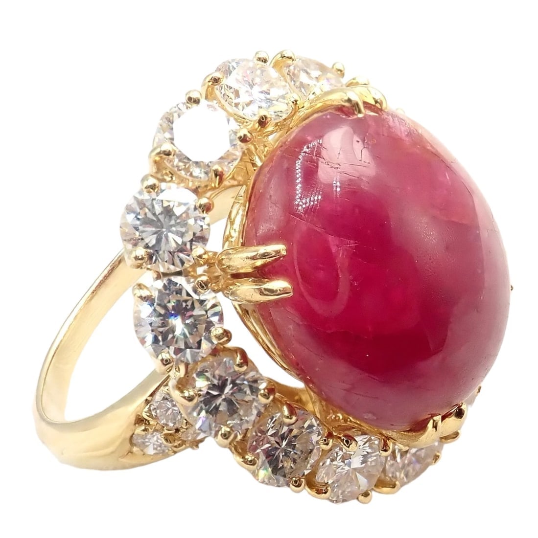 Authentic! Van Cleef & Arpels 18k Yellow Gold Large Cabochon Ruby Diamond Ring - 10