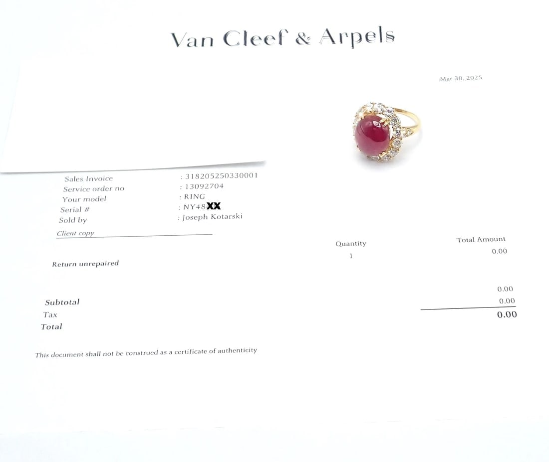 Authentic! Van Cleef & Arpels 18k Yellow Gold Large Cabochon Ruby Diamond Ring - 12