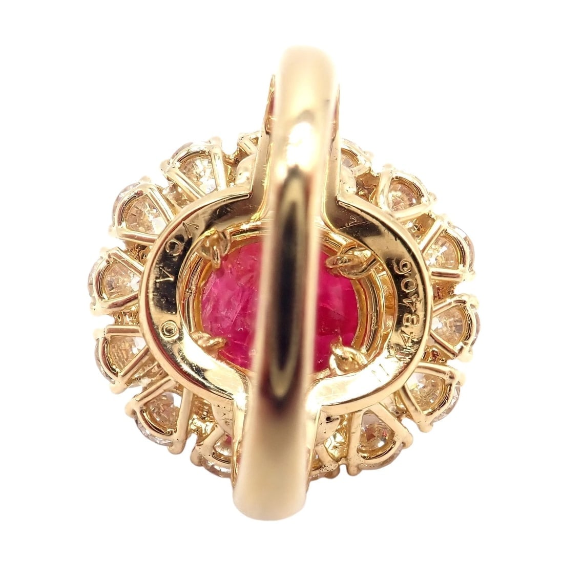 Authentic! Van Cleef & Arpels 18k Yellow Gold Large Cabochon Ruby Diamond Ring - 8