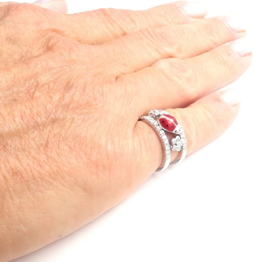 Authentic! Aaron Basha 18k White Gold Diamond Red Enamel Ladybug Band Ring - 10