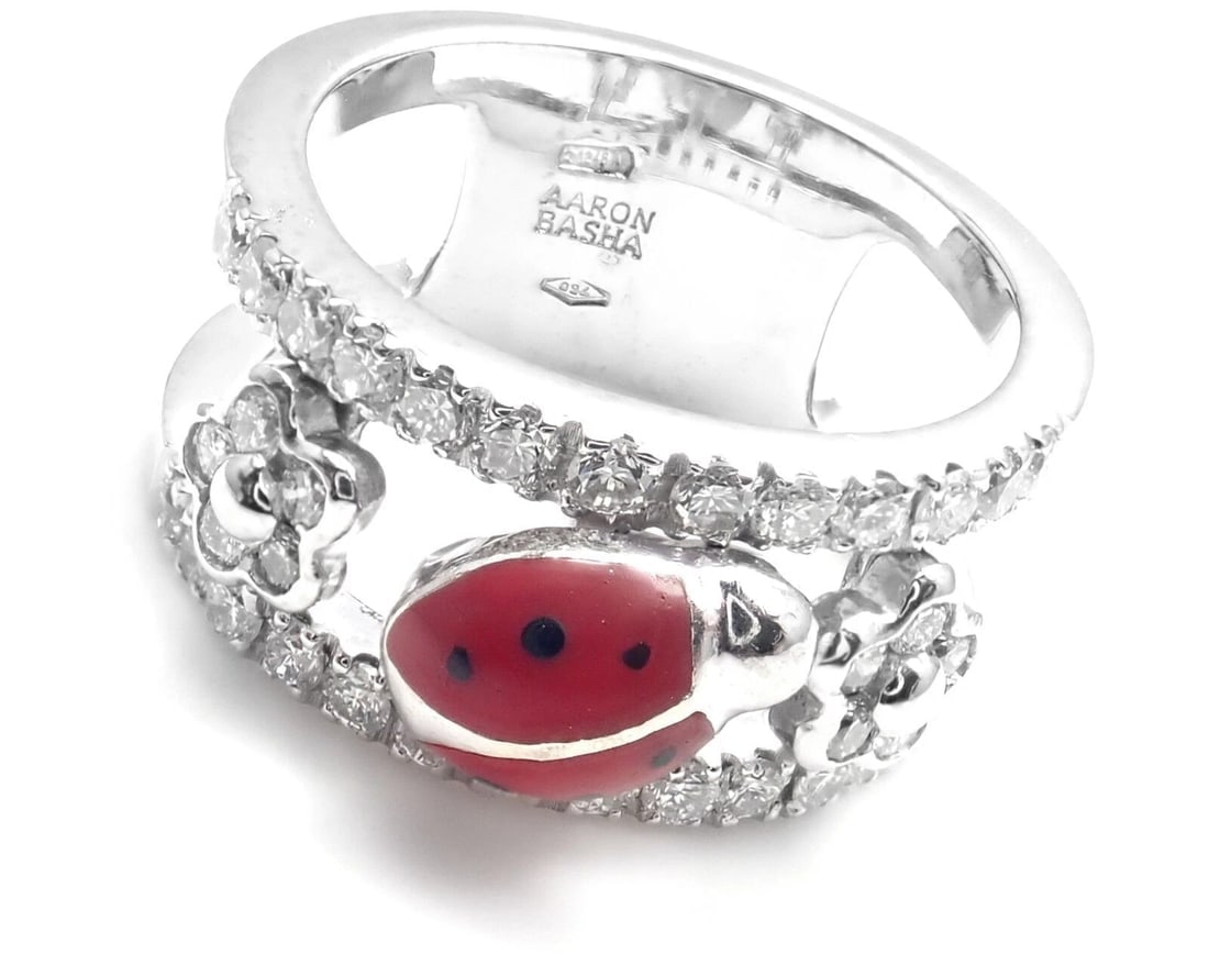 Authentic! Aaron Basha 18k White Gold Diamond Red Enamel Ladybug Band Ring: Authentic! Aaron Basha 18k White Gold Diamond Red Enamel Ladybug Band Ring About This Piece: Metal: 18k White Gold Size: 4 Weight: Width: 7.5 grams 8mm Stones: Round brilliant cut diamonds VS1 clarity