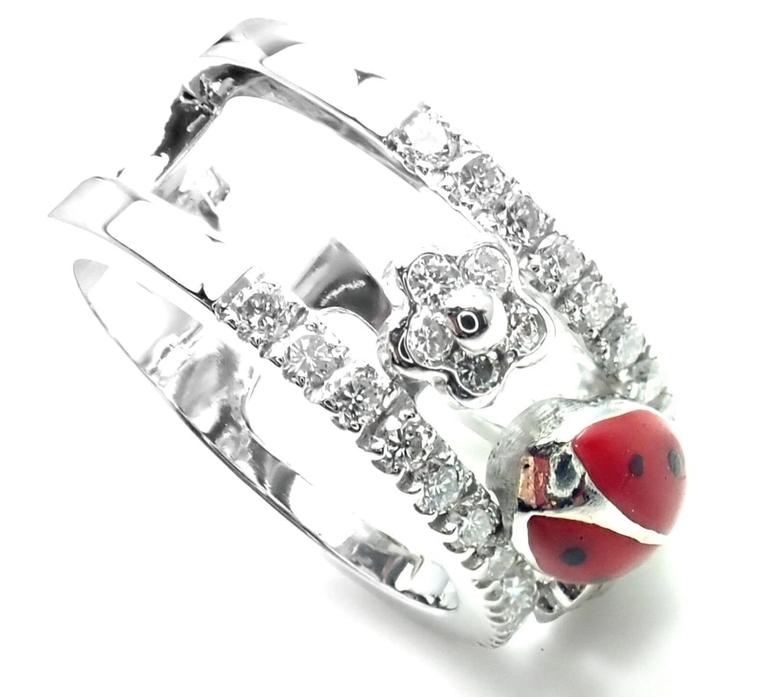 Authentic! Aaron Basha 18k White Gold Diamond Red Enamel Ladybug Band Ring - 8