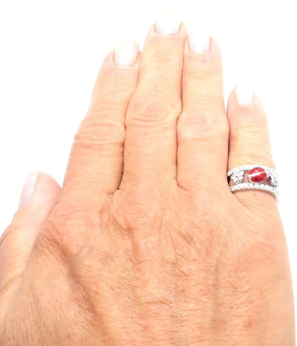 Authentic! Aaron Basha 18k White Gold Diamond Red Enamel Ladybug Band Ring - 9