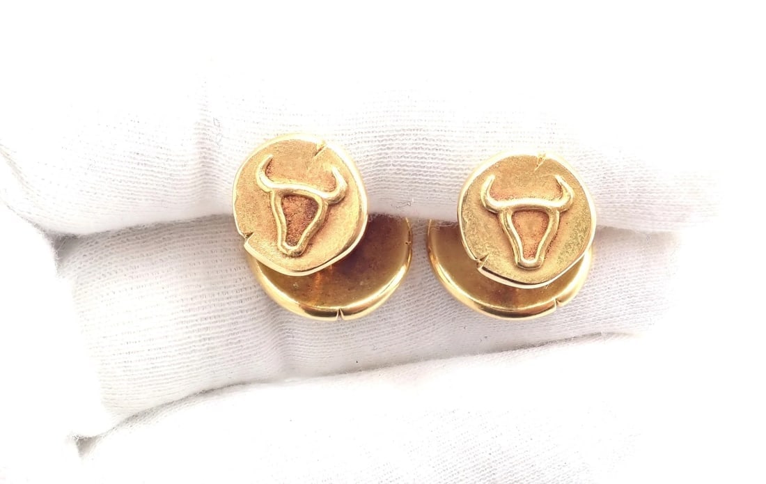 Vintage! Van Cleef & Arpels G. L'Enfant 18k Yellow Gold Zodiac Taurus Cufflinks - 14