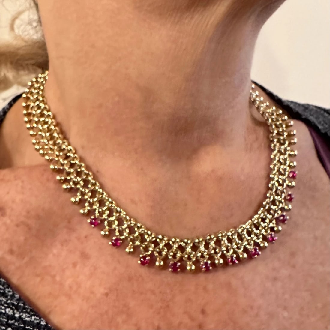 Rare! Vintage Authentic Tiffany & Co 18k Yellow Gold Ruby Collar Necklace - 11