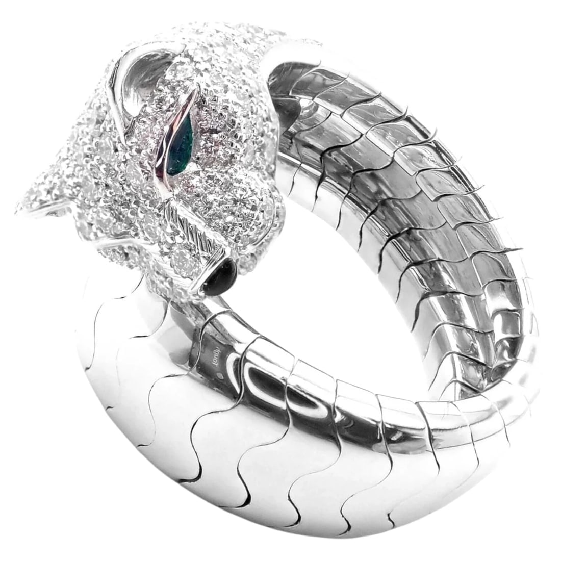 Authentic! Cartier Panther 18k White Gold Diamond Emerald Onyx Band Ring Cert.: Authentic! Cartier Panther 18k White Gold Diamond Emerald Onyx Band Ring Cert. About This Piece: A captivating symbol of Cartier’s iconic savoir-faire, this Panther 18k White Gold Diamond Emeral