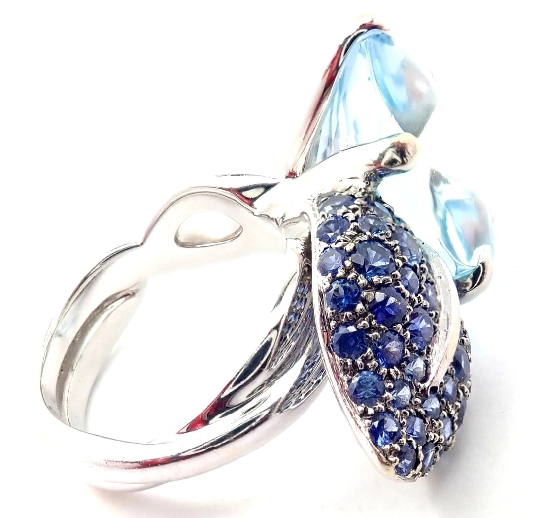 Authentic! Chanel Camellia Flower 18k White Gold Aquamarine Sapphire Ring - 3