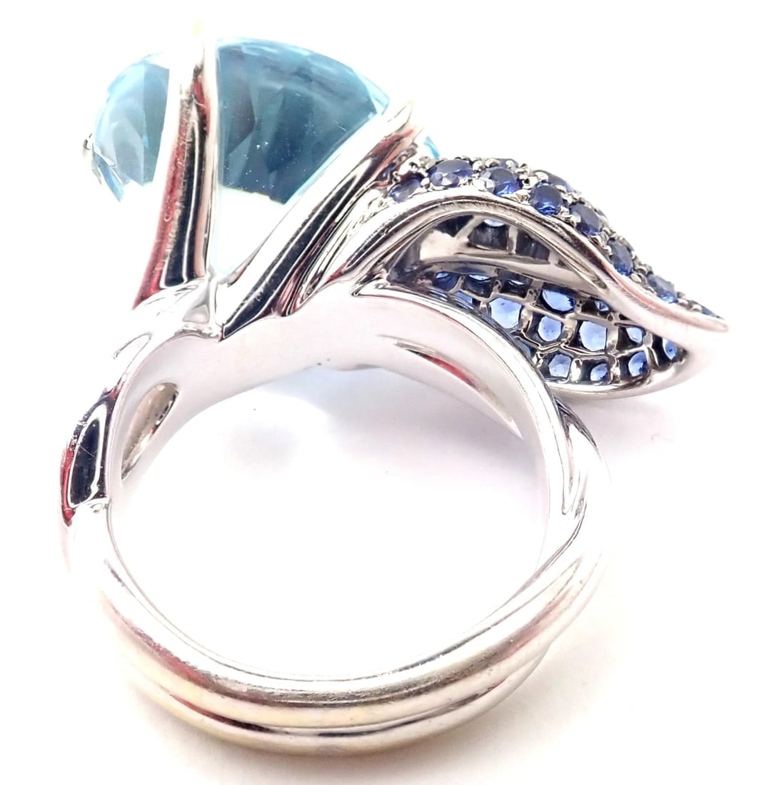 Authentic! Chanel Camellia Flower 18k White Gold Aquamarine Sapphire Ring - 4