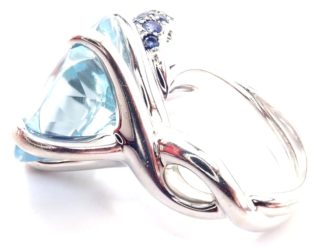 Authentic! Chanel Camellia Flower 18k White Gold Aquamarine Sapphire Ring - 5