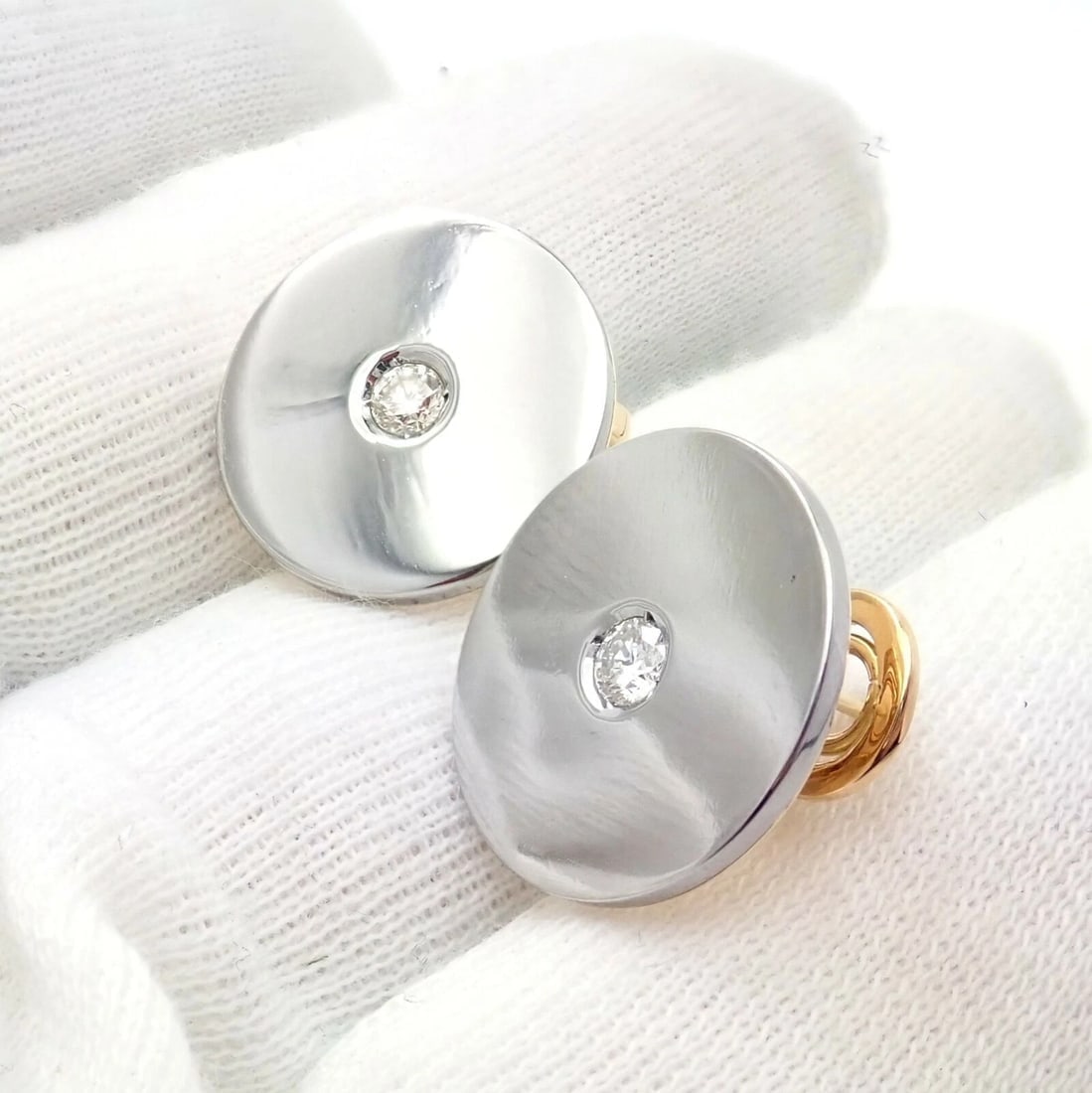 Rare! Authentic Bvlgari Bulgari 18k Yellow + White Gold Diamond Disc Earrings - 4