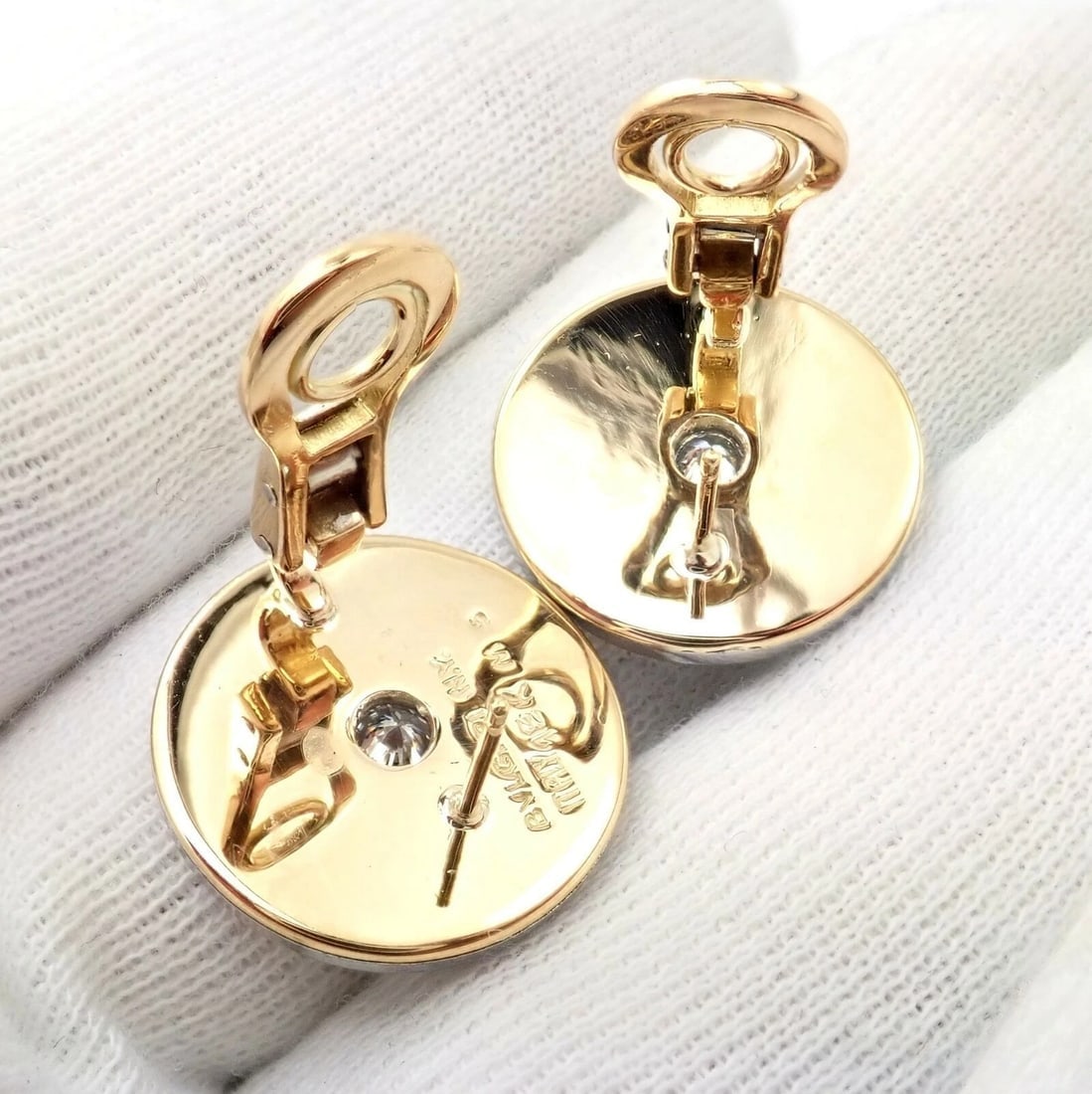 Rare! Authentic Bvlgari Bulgari 18k Yellow + White Gold Diamond Disc Earrings - 8