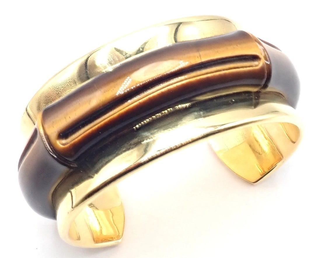 Authentic! Tiffany & Co 18k Yellow Gold Tiger Eye Bangle Cuff Wide Bracelet 2002 - 4