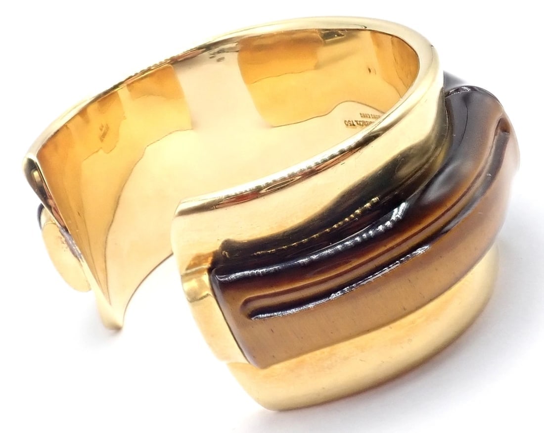 Authentic! Tiffany & Co 18k Yellow Gold Tiger Eye Bangle Cuff Wide Bracelet 2002 - 5
