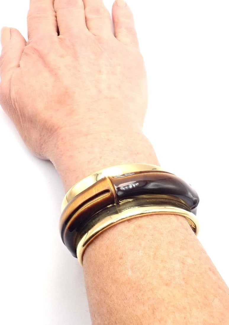 Authentic! Tiffany & Co 18k Yellow Gold Tiger Eye Bangle Cuff Wide Bracelet 2002 - 9