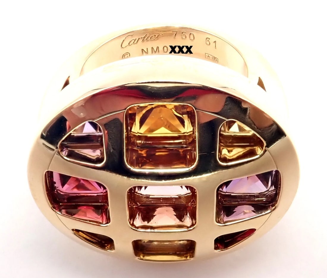 Authentic! Cartier Pasha 18k Yellow Gold Amethyst Citrine Garnet Tourmaline Ring - 7
