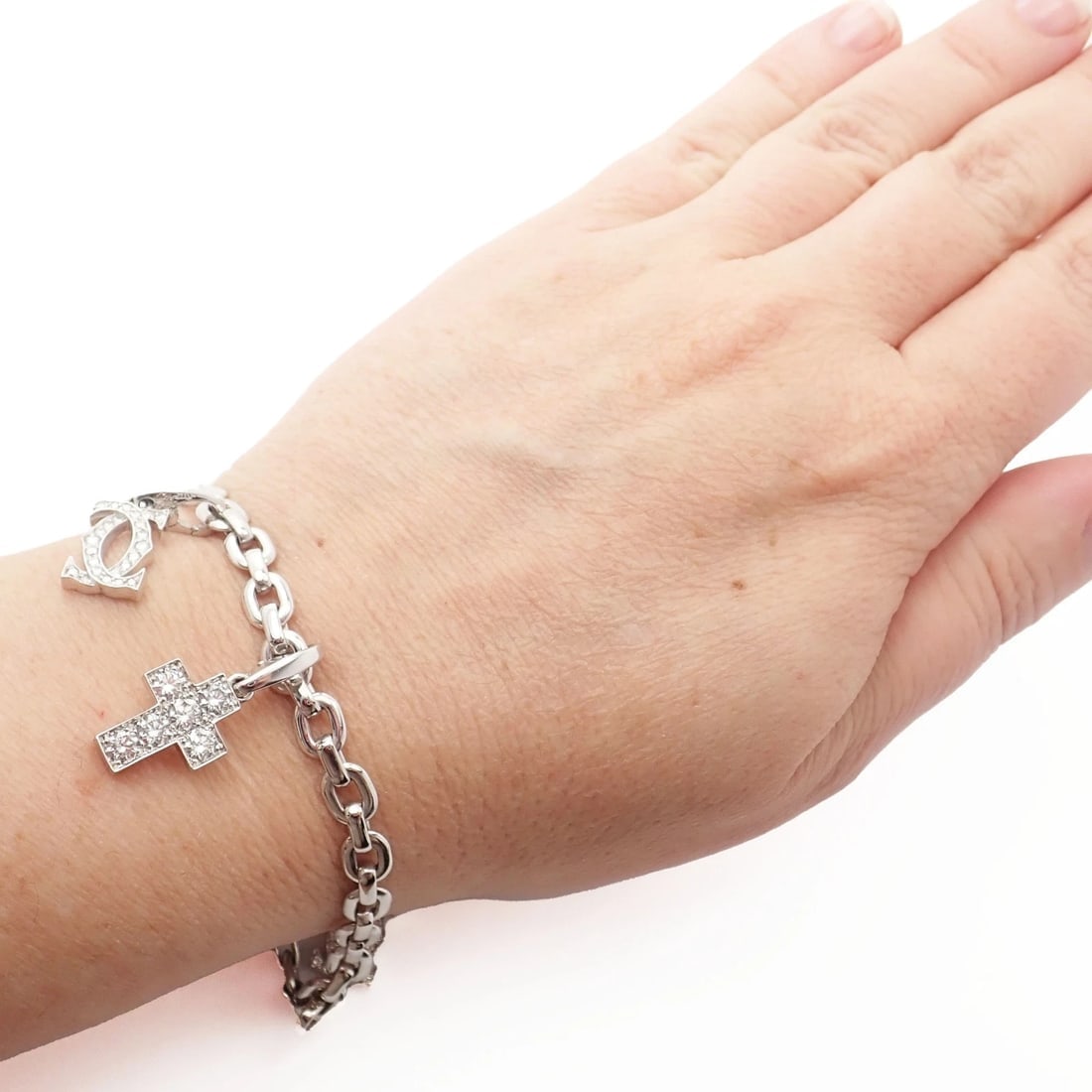 Authentic! Cartier 18k White Gold 3 Charm Bracelet with Diamond Cross Double C's - 13