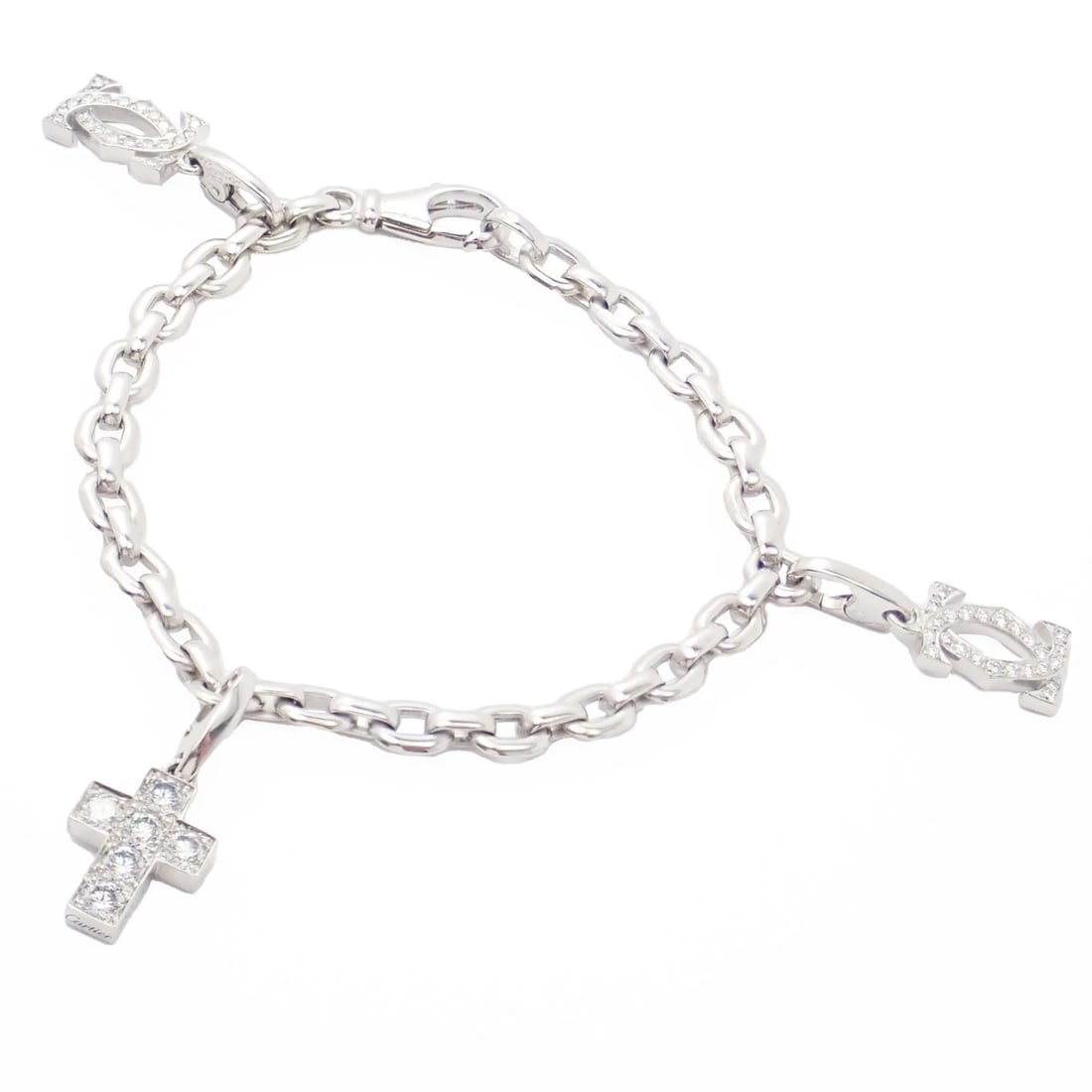Authentic! Cartier 18k White Gold 3 Charm Bracelet with Diamond Cross Double C's: Authentic! Cartier 18k White Gold 3 Charm Bracelet with Diamond Cross Double C's About This Piece: Authentic! Cartier 18k White Gold 3 Charm Bracelet with Diamond Cross and two Double C Penelope charm