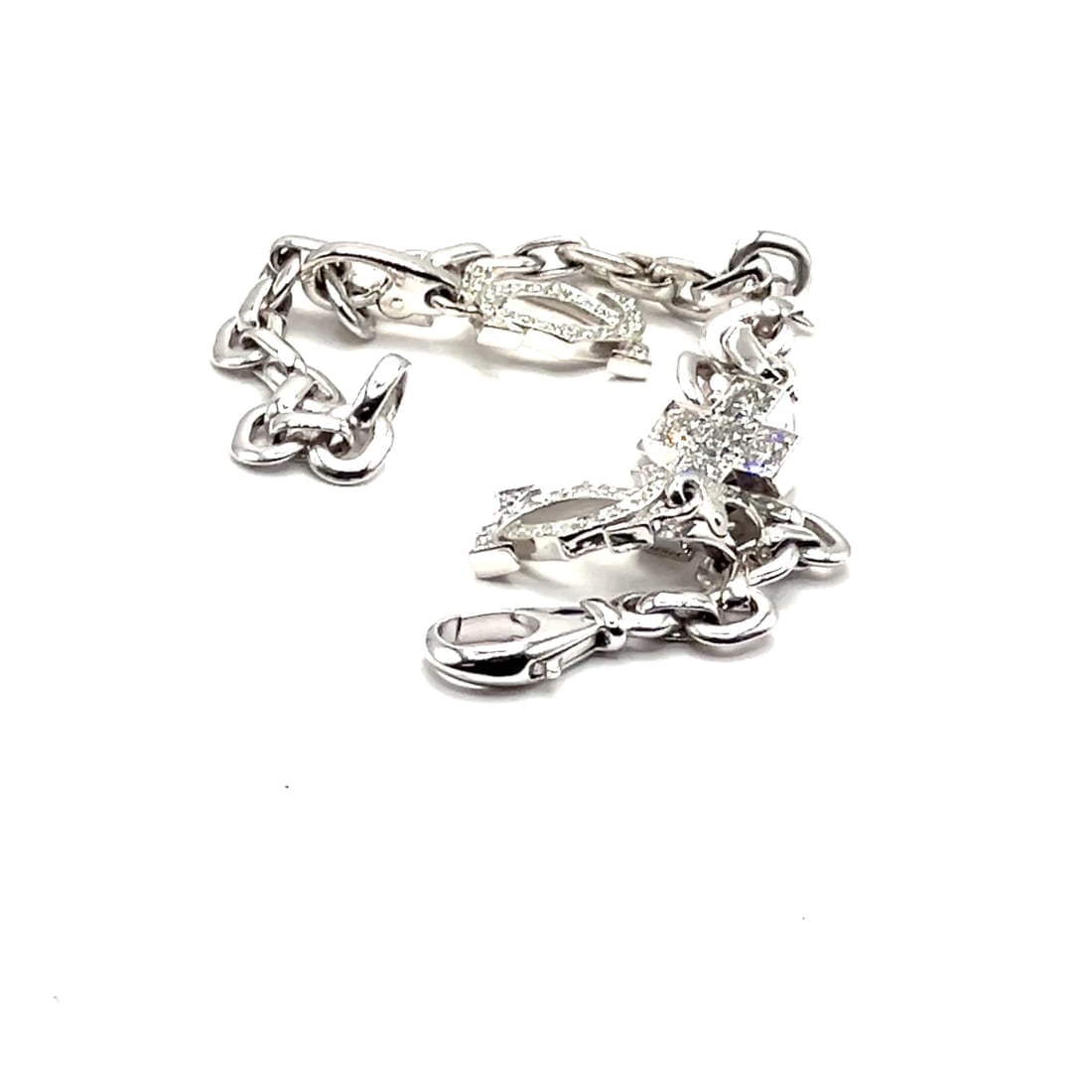 Authentic! Cartier 18k White Gold 3 Charm Bracelet with Diamond Cross Double C's - 2