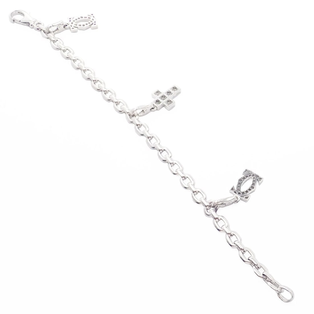 Authentic! Cartier 18k White Gold 3 Charm Bracelet with Diamond Cross Double C's - 5