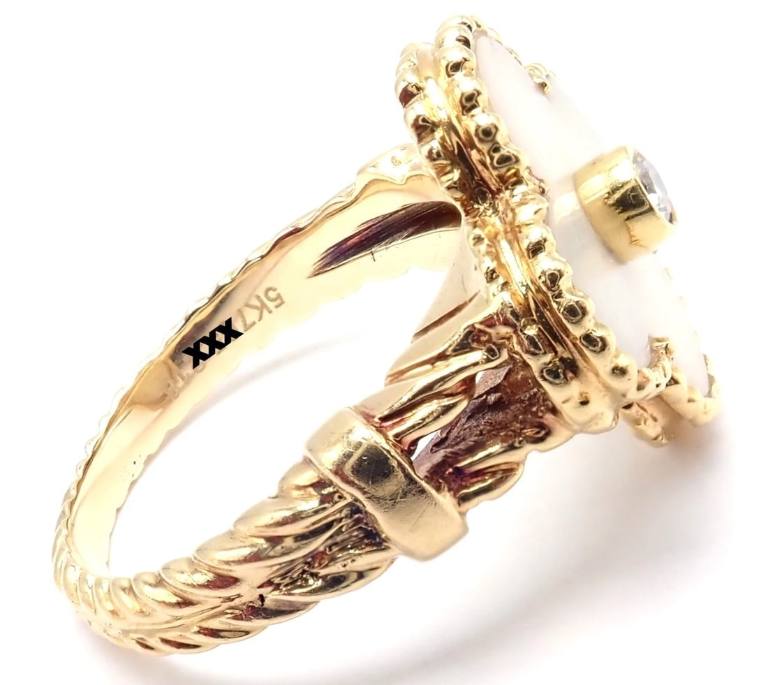 Van Cleef & Arpels Vintage Alhambra 18k Yellow Gold Diamond White Coral Ring - 3
