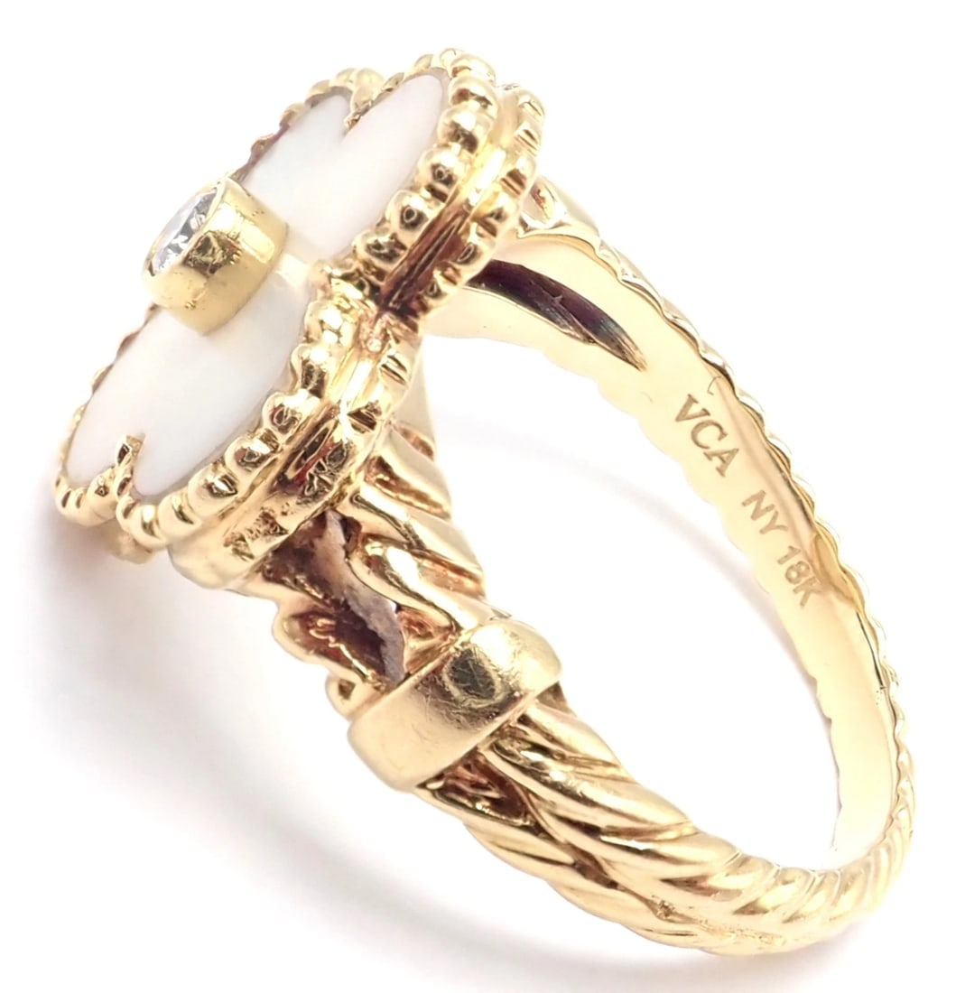Van Cleef & Arpels Vintage Alhambra 18k Yellow Gold Diamond White Coral Ring - 5