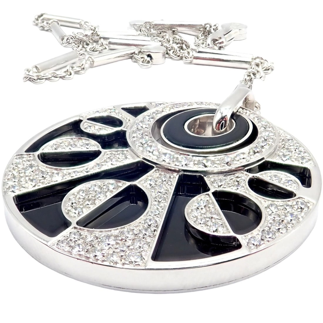 Authentic Bvlgari Bulgari Intarsio 18k White Gold 5ctw Diamond Onyx 18" Necklace - 10