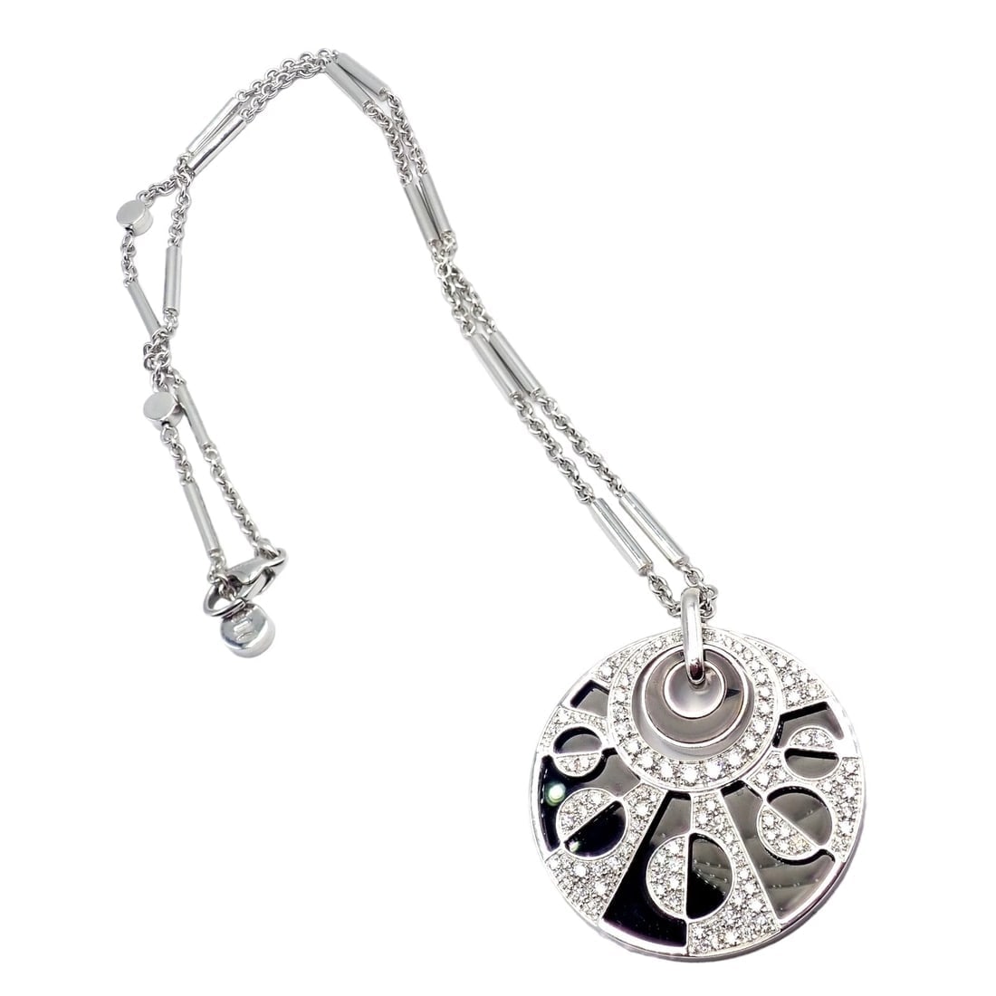 Authentic Bvlgari Bulgari Intarsio 18k White Gold 5ctw Diamond Onyx 18" Necklace - 9