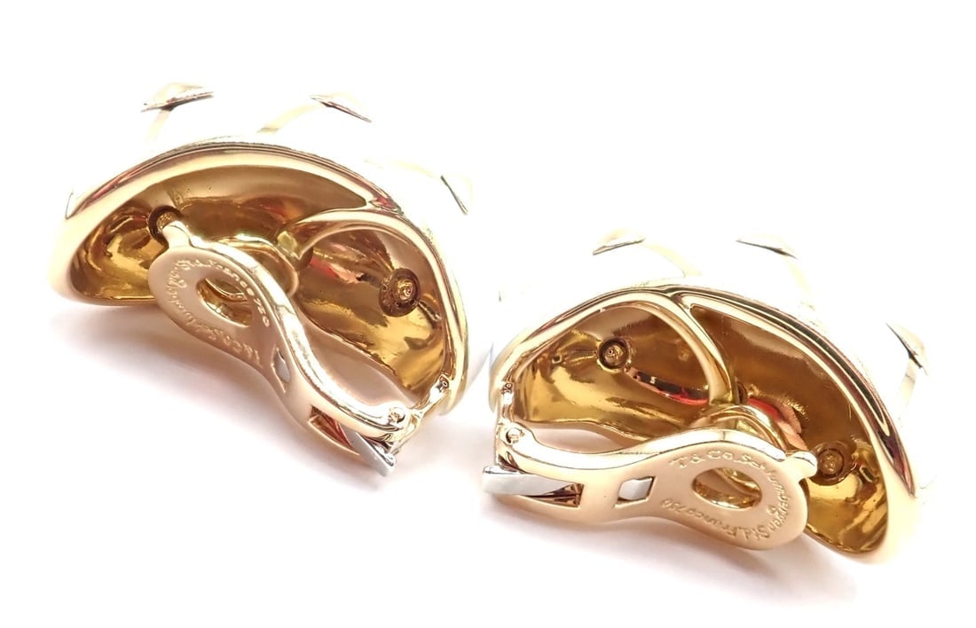 Tiffany & Co Schlumberger Dot Losange 18k Yellow Gold White Enamel Hoop Earrings - 7