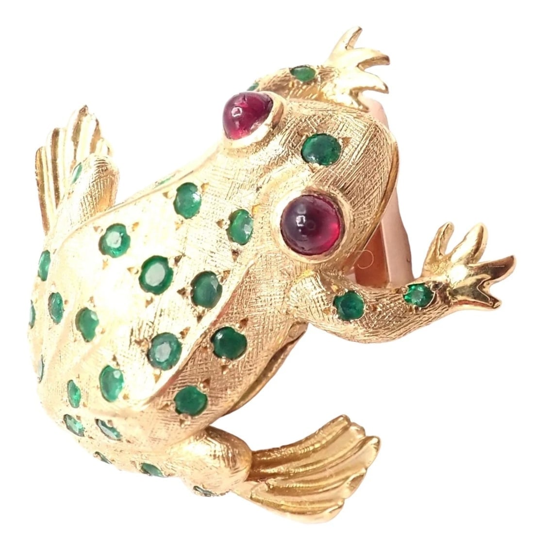 Vintage! Tiffany & Co. France 20k Yellow Gold Ruby Emerald Frog Pin Brooch: Vintage! Tiffany & Co. France 20k Yellow Gold Ruby Emerald Frog Pin Brooch About This Piece: The Tiffany & Co. France 20k Yellow Gold Ruby Emerald Frog Pin Brooch is a whimsical and exquisite piece. C