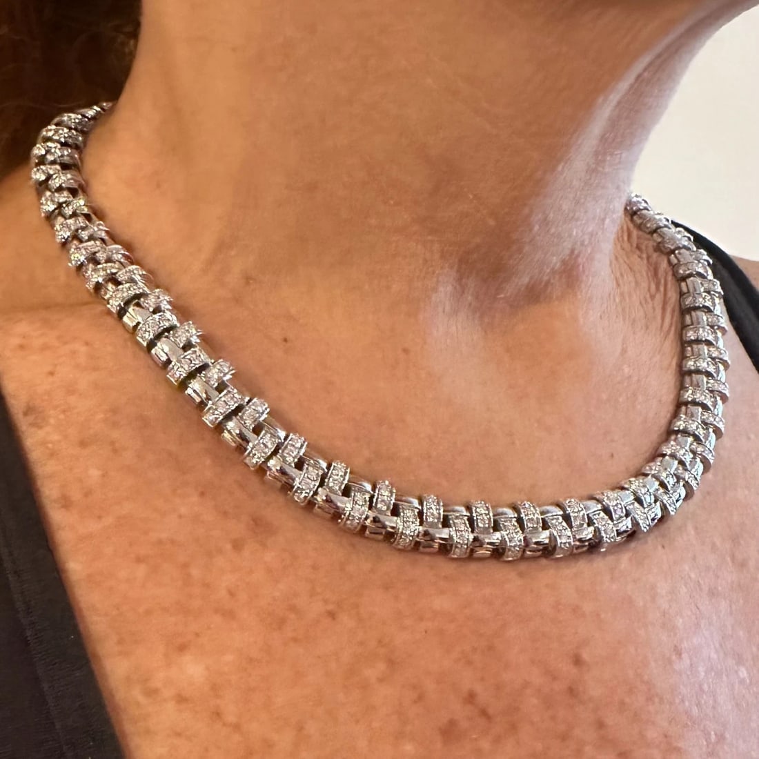 Authentic! Tiffany & Co Vannerie 18k White Gold Basket Weave Diamond Necklace - 6