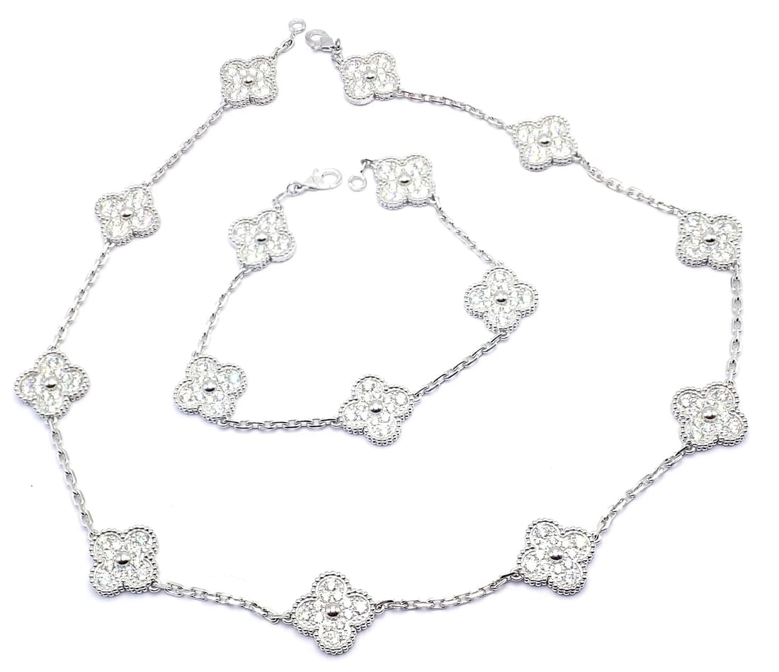 Van Cleef & Arpels 18k Gold Vintage Alhambra Diamond Necklace Bracelet Set Cert. - 8