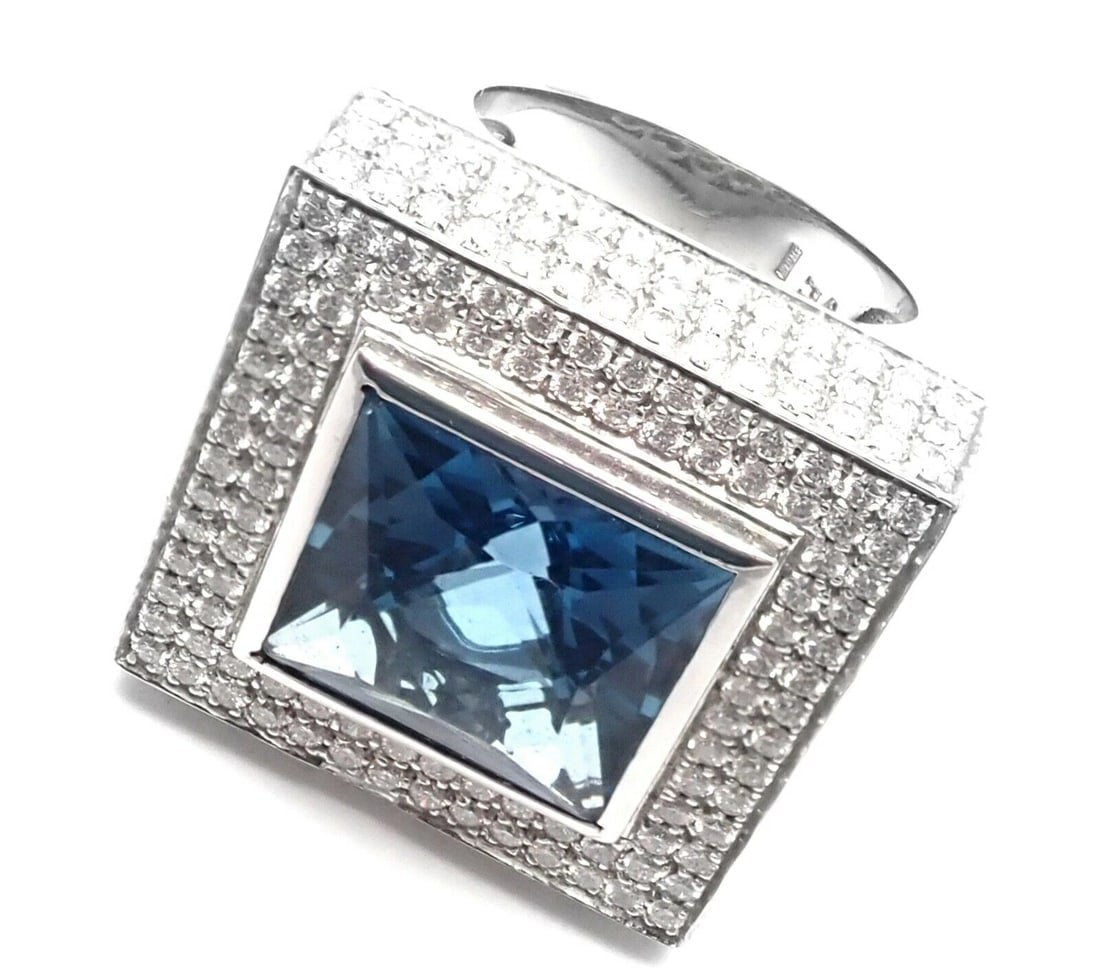Authentic! Pasquale Bruni 18k White Gold Diamond London Blue Topaz Large Ring - 8