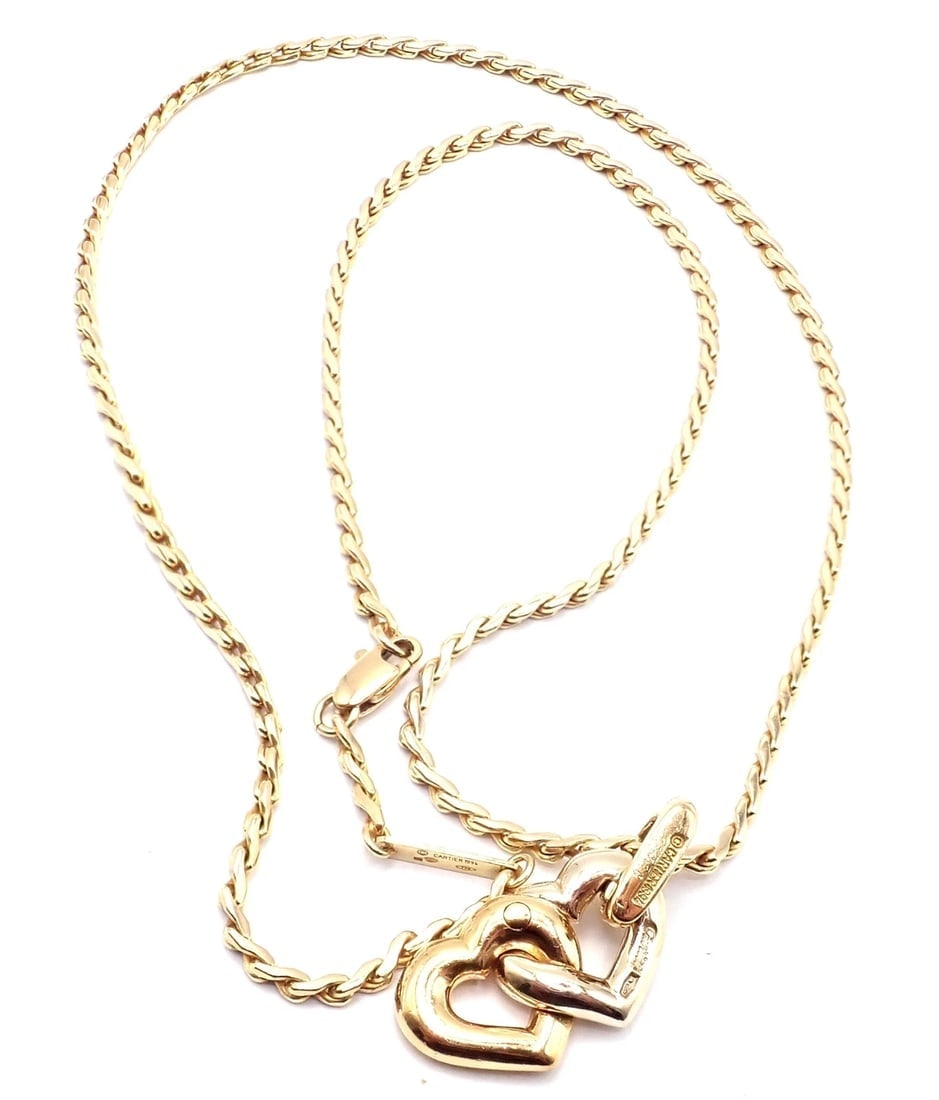 Authentic! Cartier 18k Yellow White Gold Double Heart Pendant Chain Necklace - 10