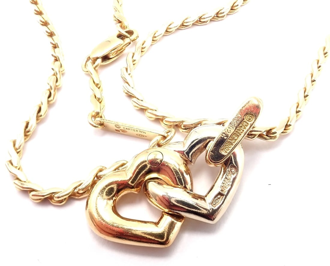 Authentic! Cartier 18k Yellow White Gold Double Heart Pendant Chain Necklace - 9