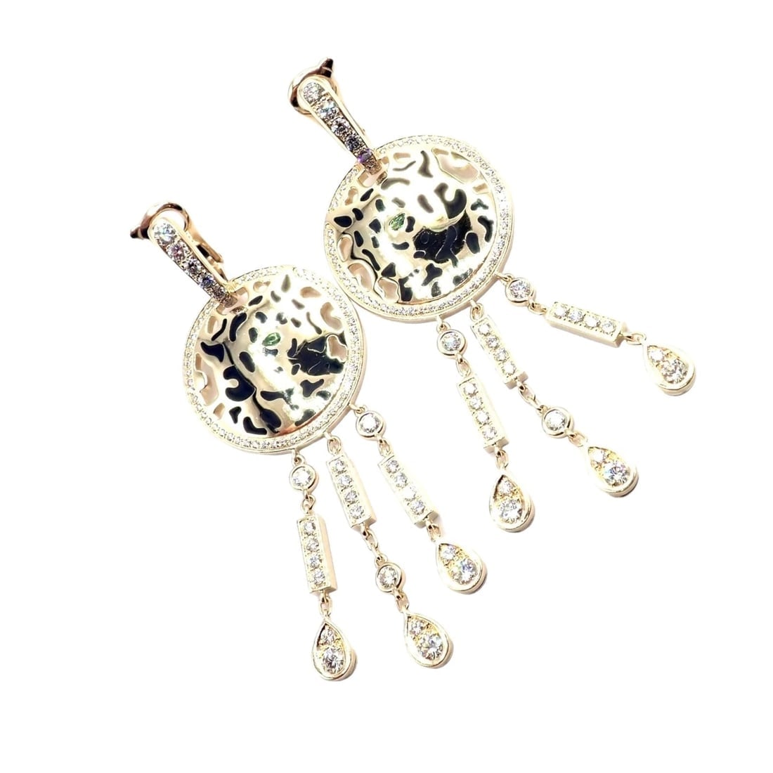 Authentic! Cartier Panther 18k Yellow Gold Diamond Lacquer Tsavorite Earrings: Authentic! Cartier Panther 18k Yellow Gold Diamond Lacquer Tsavorite Earrings About This Piece: The Cartier Panther Earrings in 18k yellow gold feature the iconic panther motif adorned with sparkling 