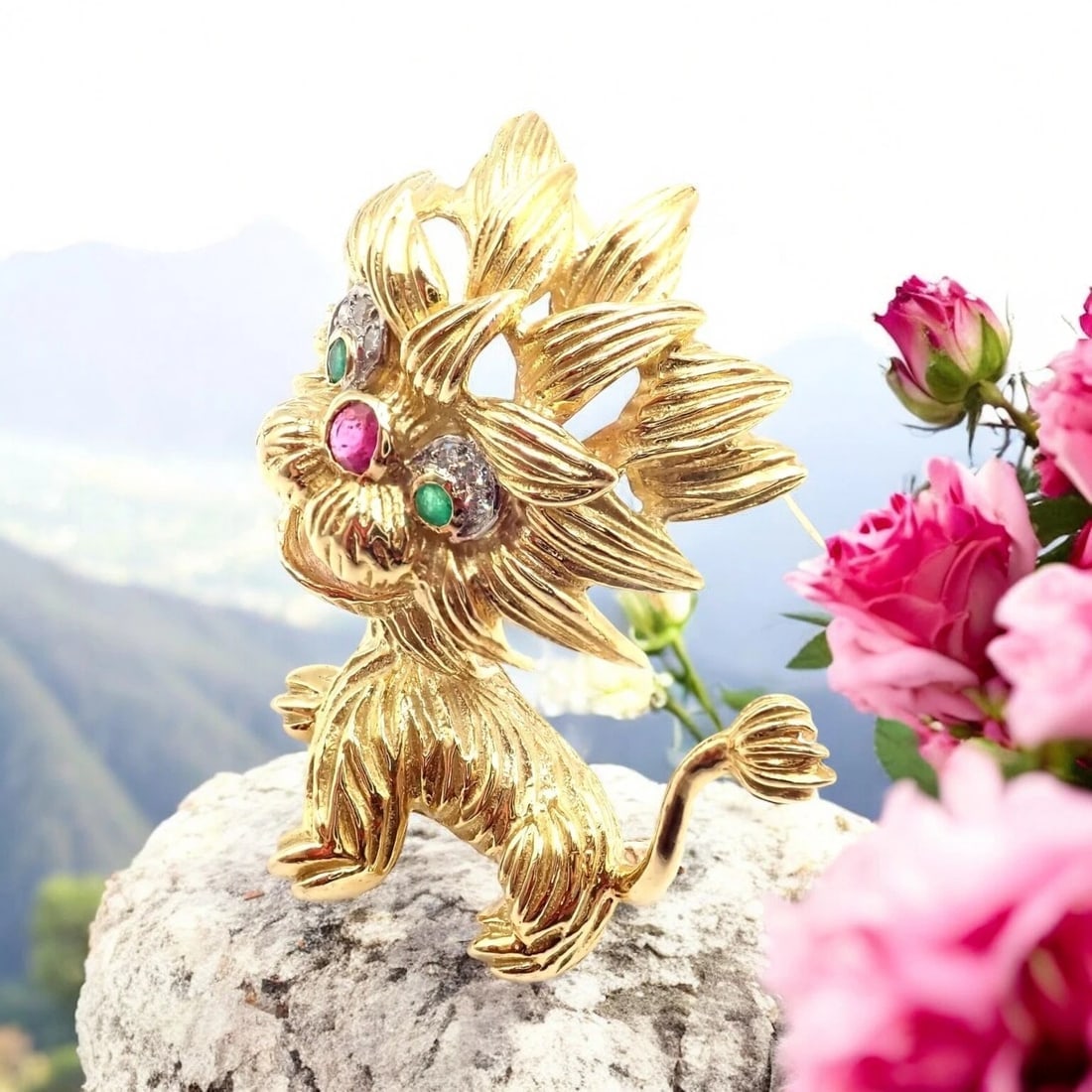 Authentic! Cartier Whimsical Dragon Lion 18k Yellow Gold Diamond Ruby Pin Brooch - 2