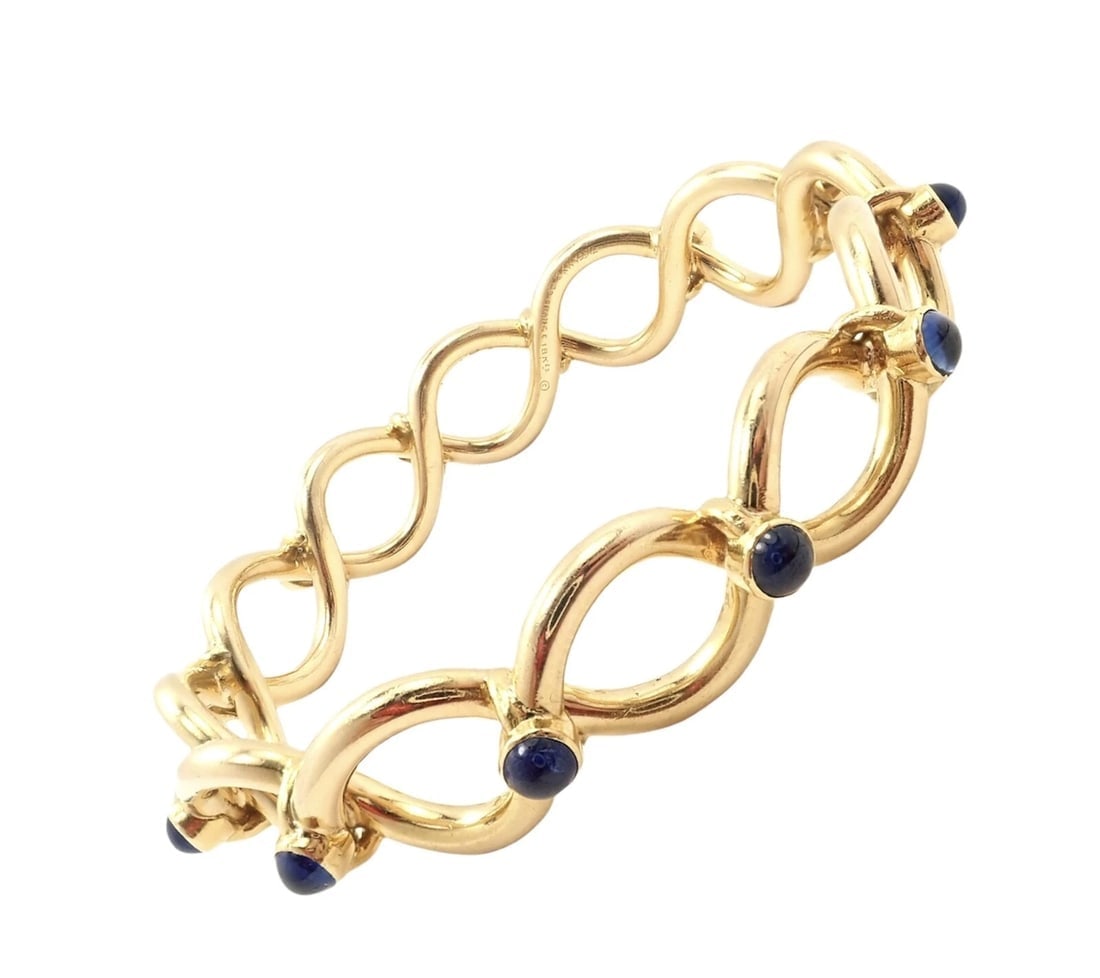 Rare! Authentic Tiffany & Co 18k Yellow Gold France Sapphire Bangle Bracelet - 10