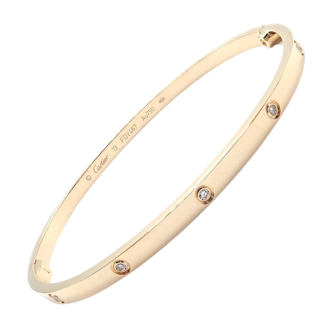 Cartier Love 18k Yellow Gold 10 Diamond Small Model Bangle Bracelet Sz 19 Cert.: Cartier Love 18k Yellow Gold 10 Diamond Small Model Bangle Bracelet Sz 19 Cert. About This Piece: This Cartier Love Small Model Bangle Bracelet, crafted in 18k yellow, dazzles with 10 diamonds. Elegan
