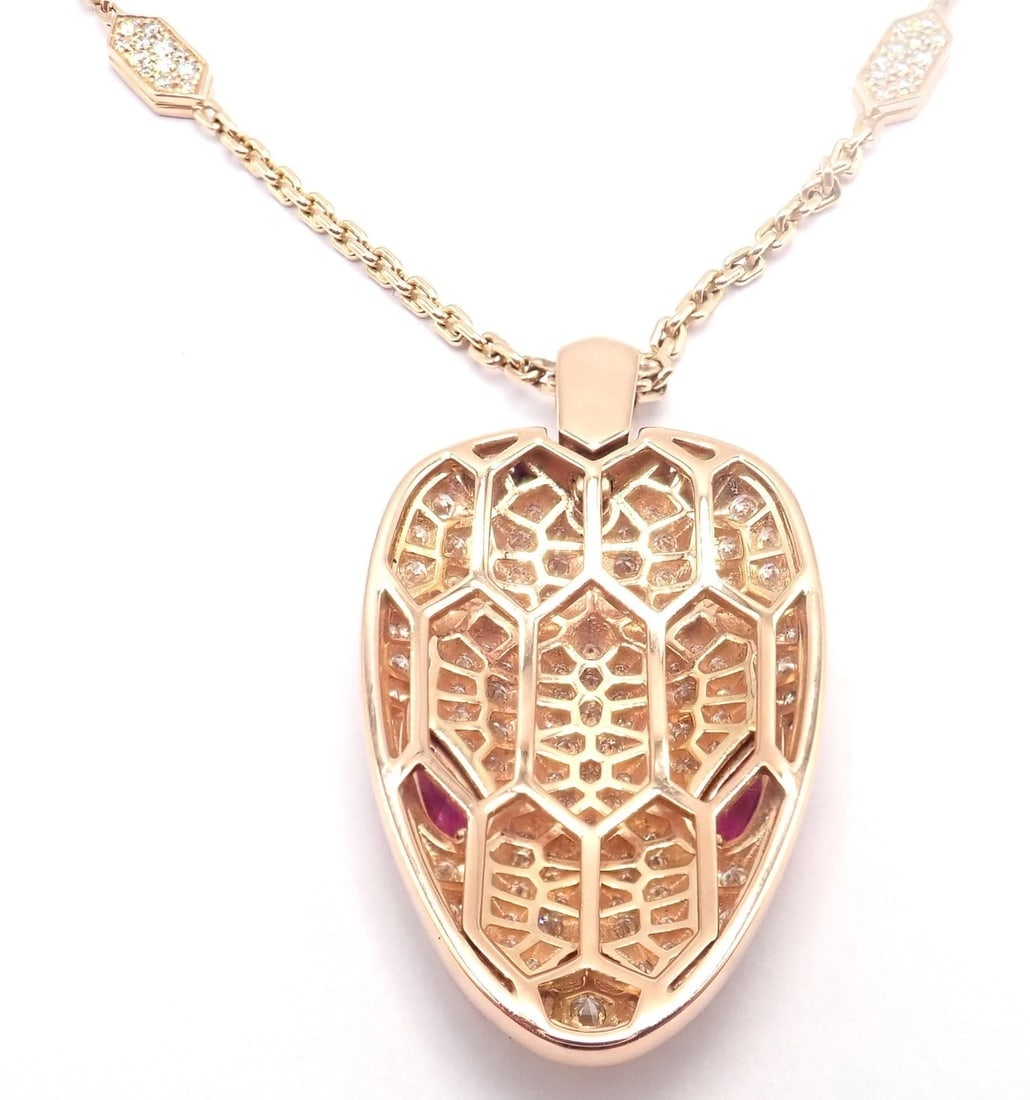 Authentic Bulgari Bvlgari Serpenti 18k Rose Gold Pave Diamond Rubellite Necklace - 13